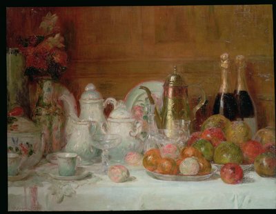 Stilleven met fruit en champagneflessen door Charles Couche